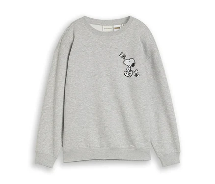 Graues Sweatshirt mit schwarzer Umrisszeichnung von Snoopy, der sitzt und zu Woodstock aufblickt, der über ihm fliegt.