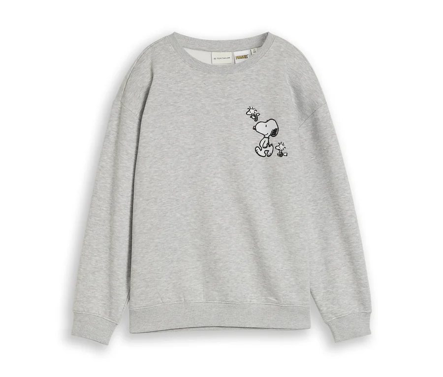 Graues Sweatshirt mit schwarzer Umrisszeichnung von Snoopy, der sitzt und zu Woodstock aufblickt, der über ihm fliegt.