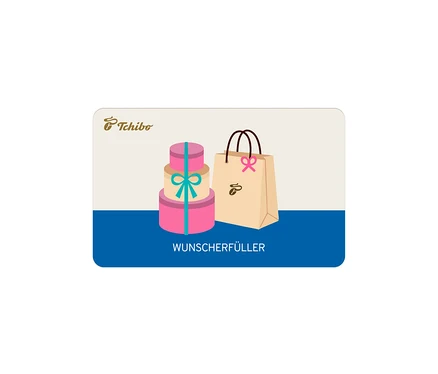 Geschenkkarte mit zwei gestapelten rosa Geschenkboxen und einer beigen Einkaufstasche, Tchibo Logo und dem Text "WUNSCHERFÜLLER".