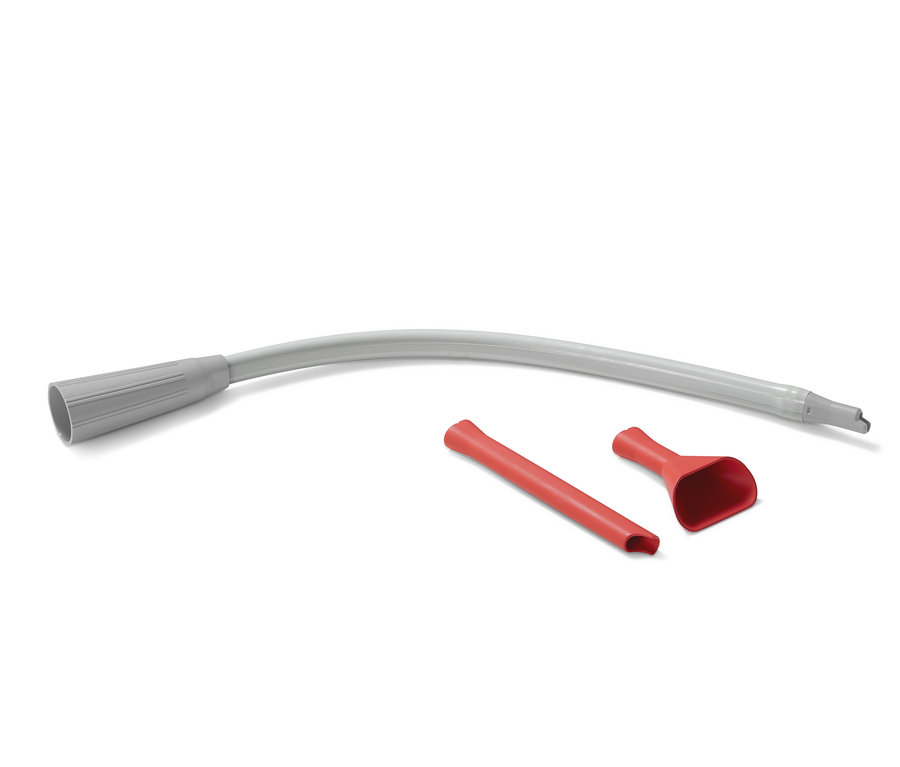 Grauer Staubsauger-Aufsatz und zwei rote Aufsätze auf weißem Hintergrund.