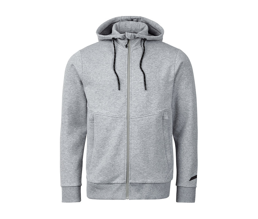 Graue Sweatjacke mit Reißverschluss und Kapuze.