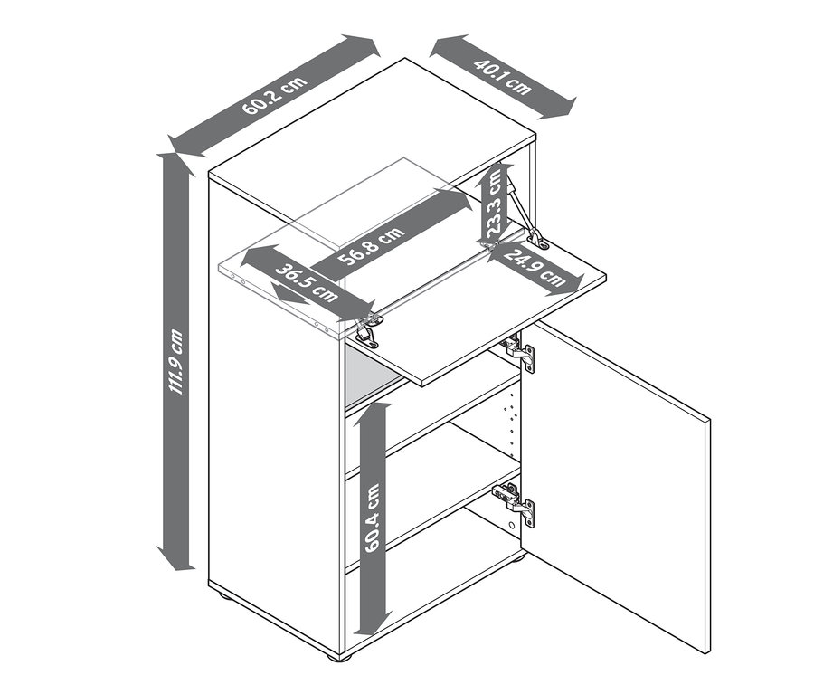 Die Maße des Highboards mit Details in Eichendekor sind mit Pfeilen dargestellt.