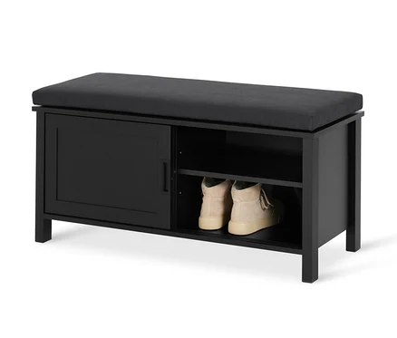 Schwarze Sitzbank »Clara« mit Fach und Schuhen.
