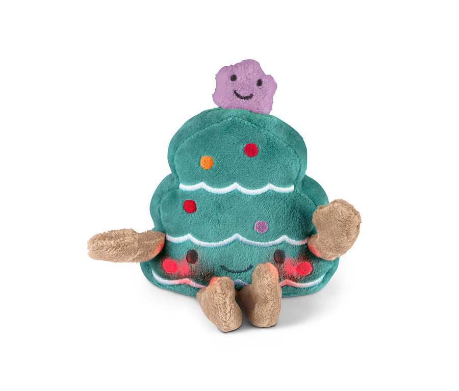 Singendes Mini-Plüschtier, Weihnachtsbaum auf weißem Hintergrund.