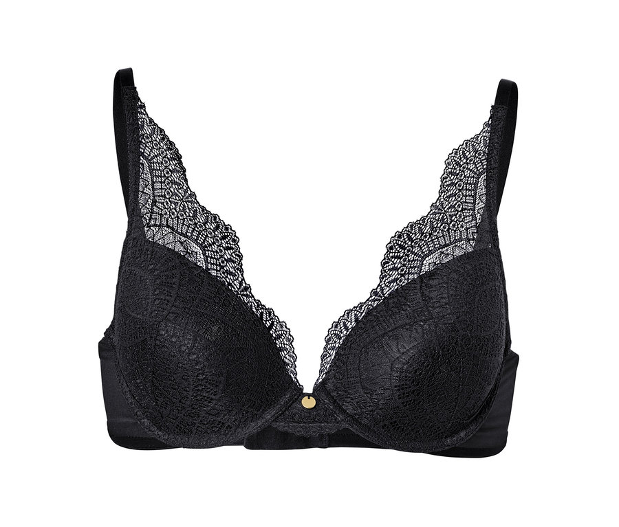 Schwarzer Schalen-BH auf weißem Hintergrund.