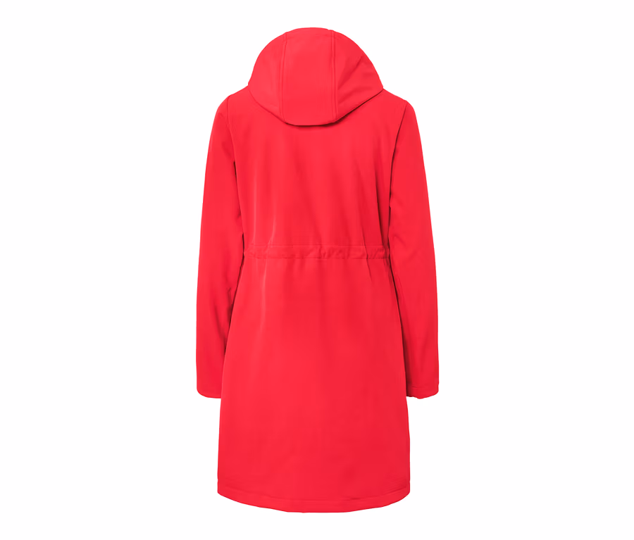 Roter Softshellmantel mit Kapuze von hinten.