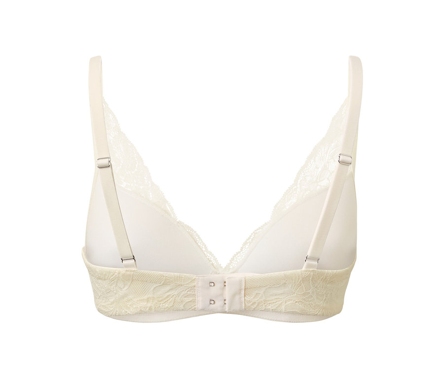 Detailansicht von Rückseite eines creme Softschalen-BHs.