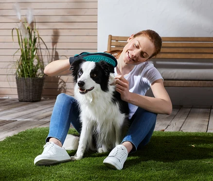 Eine Frau sitzt auf dem Gras und benutzt einen 2-in-1-Fellpflegehandschuh an einem Hund.