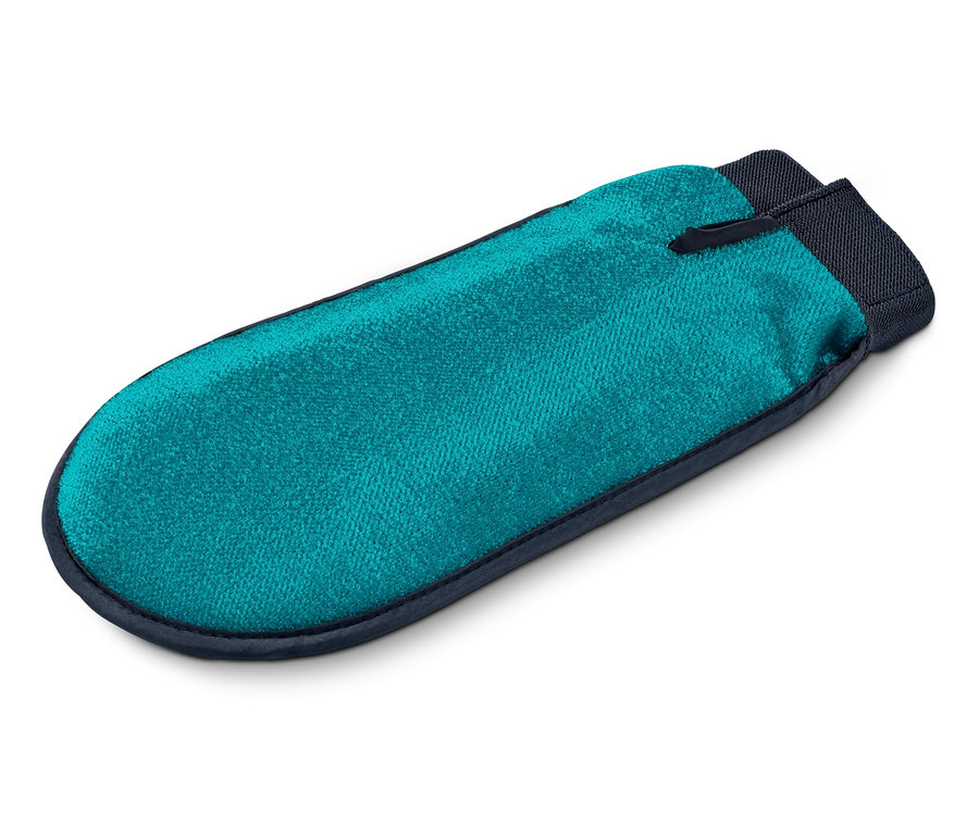 Nahaufnahme eines blaugrünen 2-in-1-Fellpflegehandschuhs.