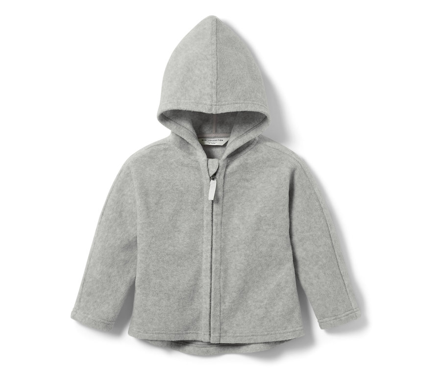Graue Kinder-Fleecejacke mit Kapuze und Reißverschluss.