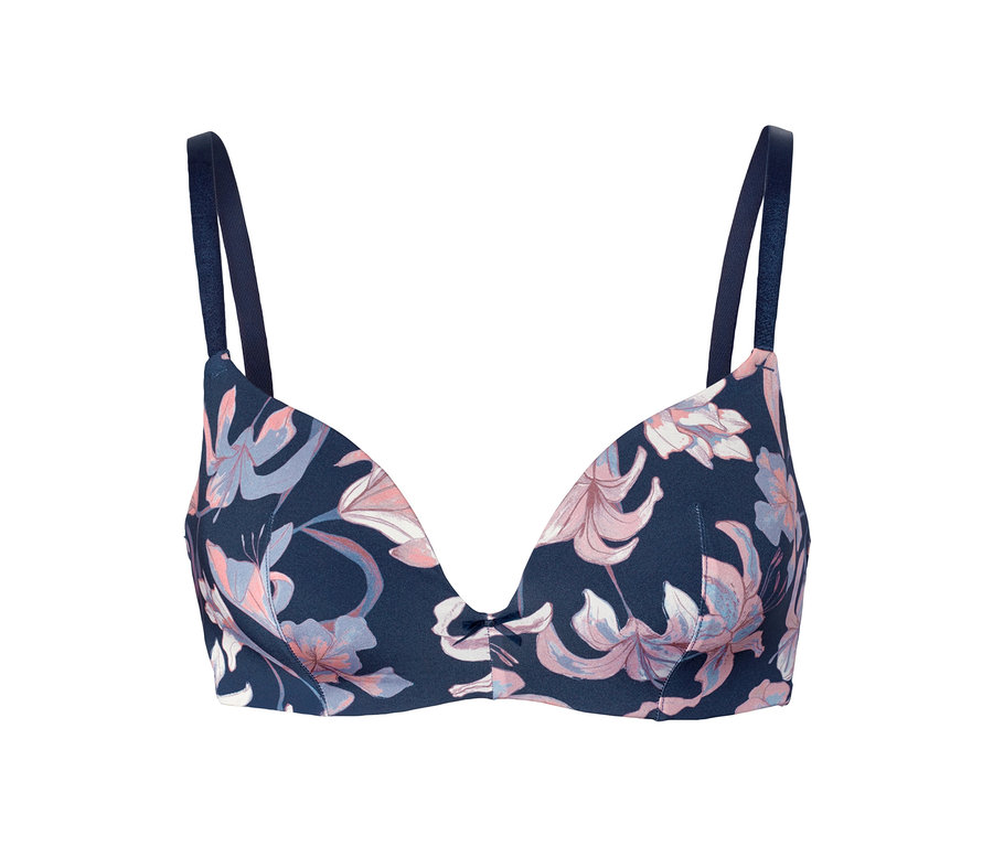 Blauer Softschalen-BH mit Blumenmuster.
