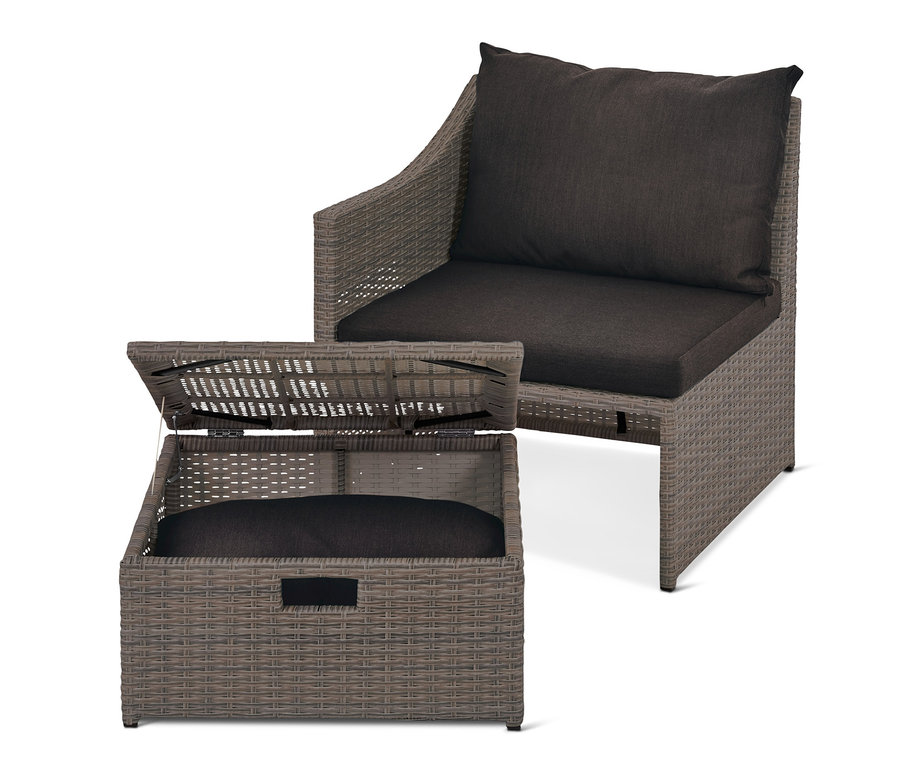 Ein Auszieh-Schlafsofa »Thore« mit Stauraum und ein geöffneter Stauraum mit Kissen.