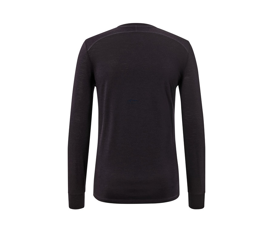 Dunkles Langarmshirt mit RWS-zertifizierter Wolle, von hinten gezeigt.