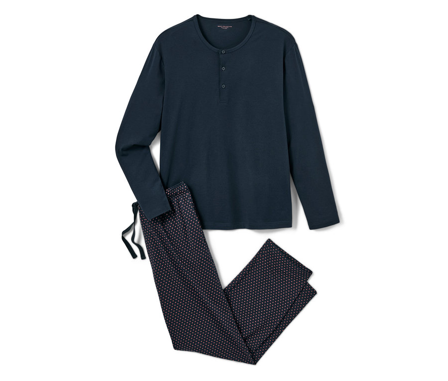Dunkelblauer Pyjama mit Modal, langen Ärmeln und bedruckter Hose.