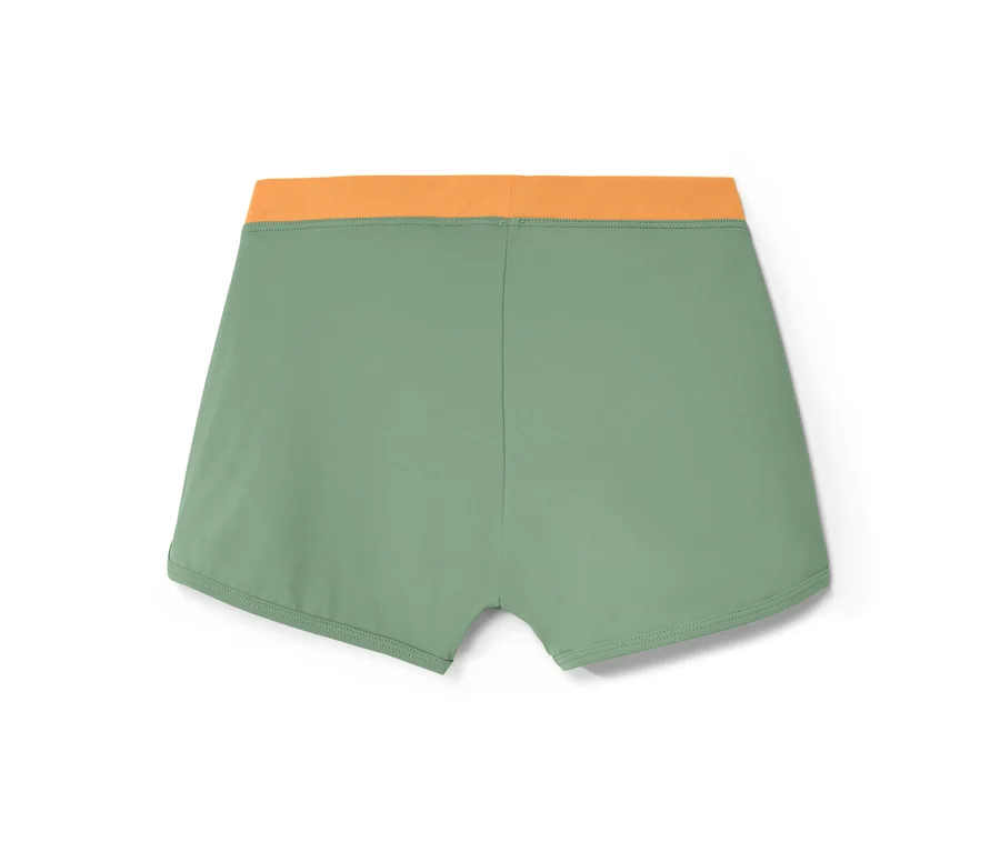 Grüne Kinderbadehose mit orangefarbenem Bund aus Kinder-Bikini-Set, 3-teilig.