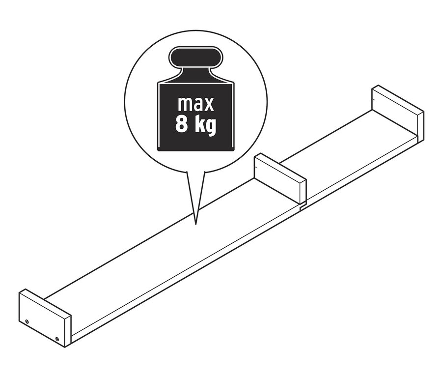 Illustration eines Wandregals, ca. 120 cm, mit einer maximalen Belastung von 8 kg.