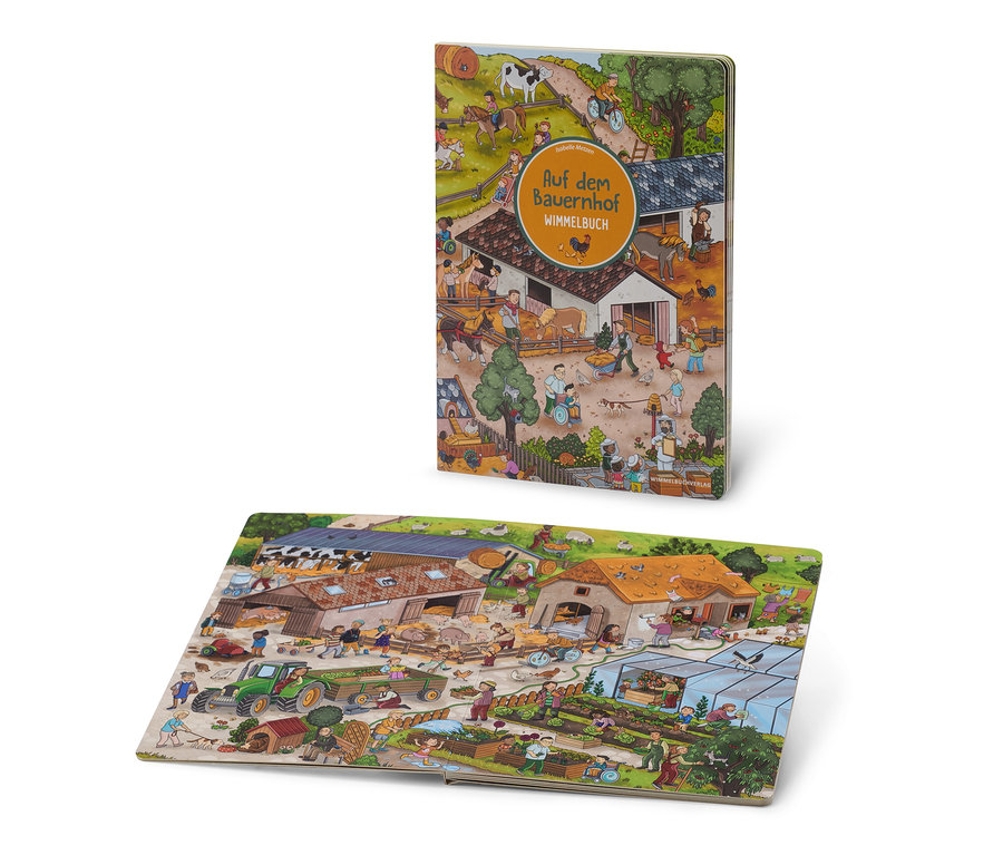 Zwei Wimmelbücher »Auf dem Bauernhof« mit Illustrationen von Menschen und Tieren auf einem Bauernhof.
