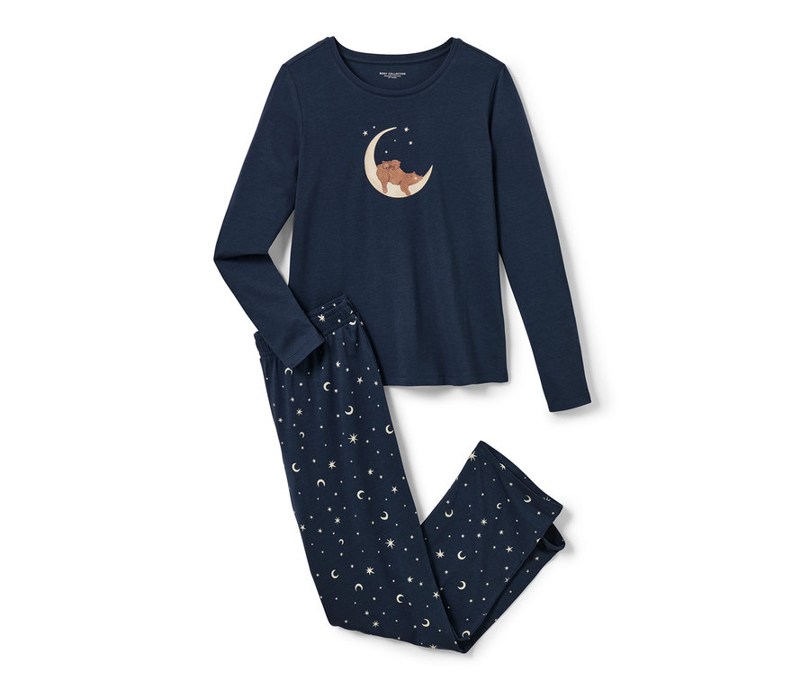Marineblauer Pyjama mit Bären auf dem Mond und Sternen auf der Hose.