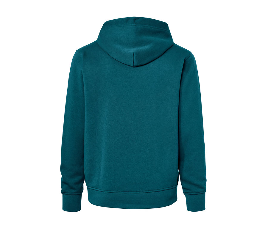 Rückansicht eines petrolfarbenen Hoodies.