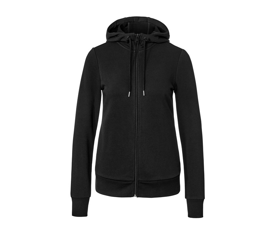 Schwarze Sweatjacke mit Reißverschluss und Kapuze.