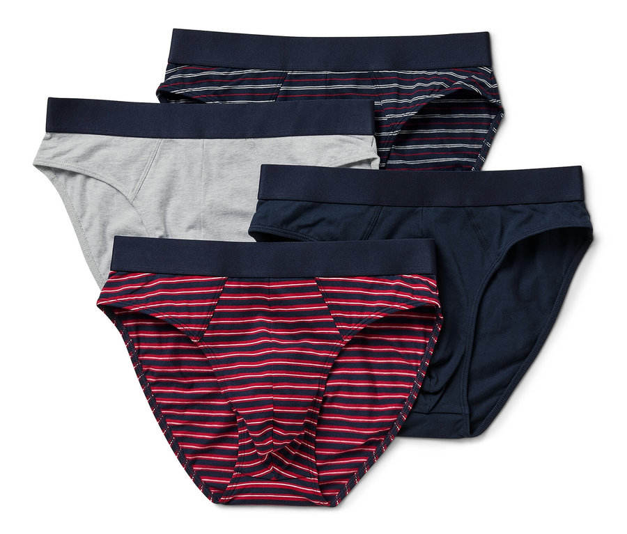 Vier Slips in verschiedenen Farben und Mustern.