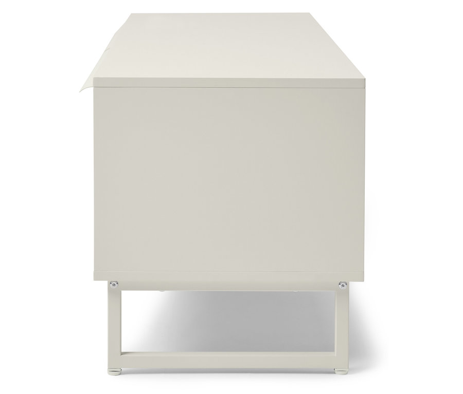 Weißer Nachttisch mit rechteckiger Platte und Metallbeinen.