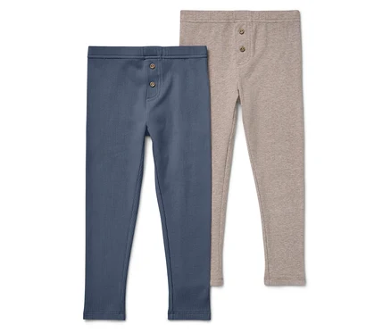 Zwei gerippte Leggings mit Knöpfen, eine blaue und eine beige.