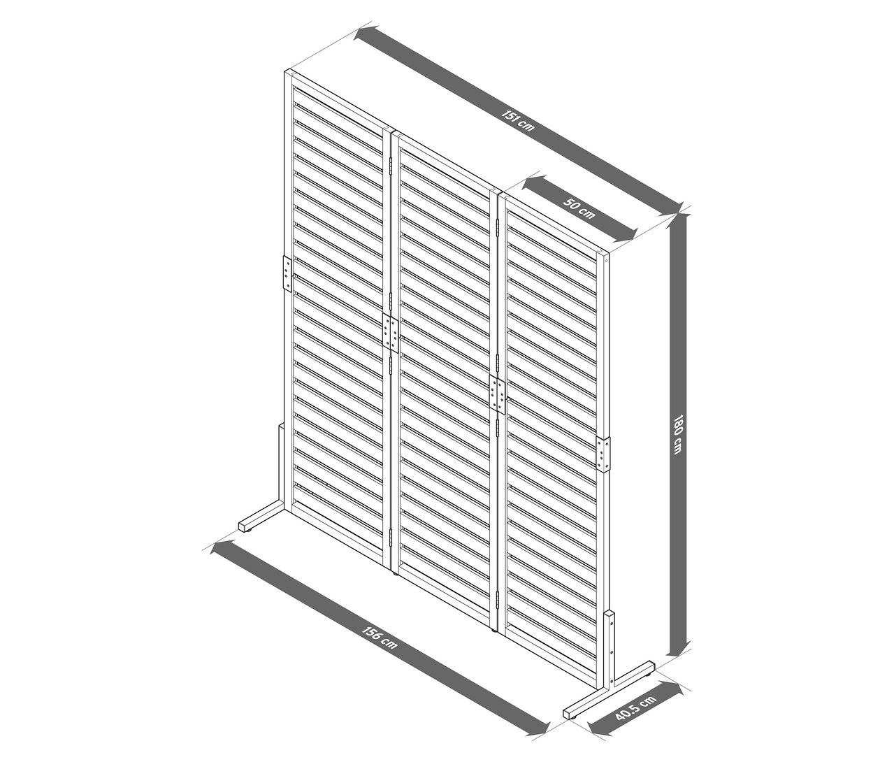 Eine Illustration eines dreiteiligen Raumteilers mit Maßangaben, einschließlich 180 cm Höhe, 50 cm Breite für jedes Paneel und 151 cm Gesamtbreite.