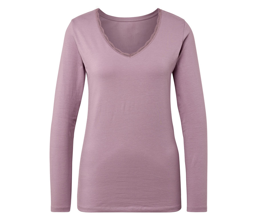 Lila Langarmshirt mit V-Ausschnitt und Spitze.