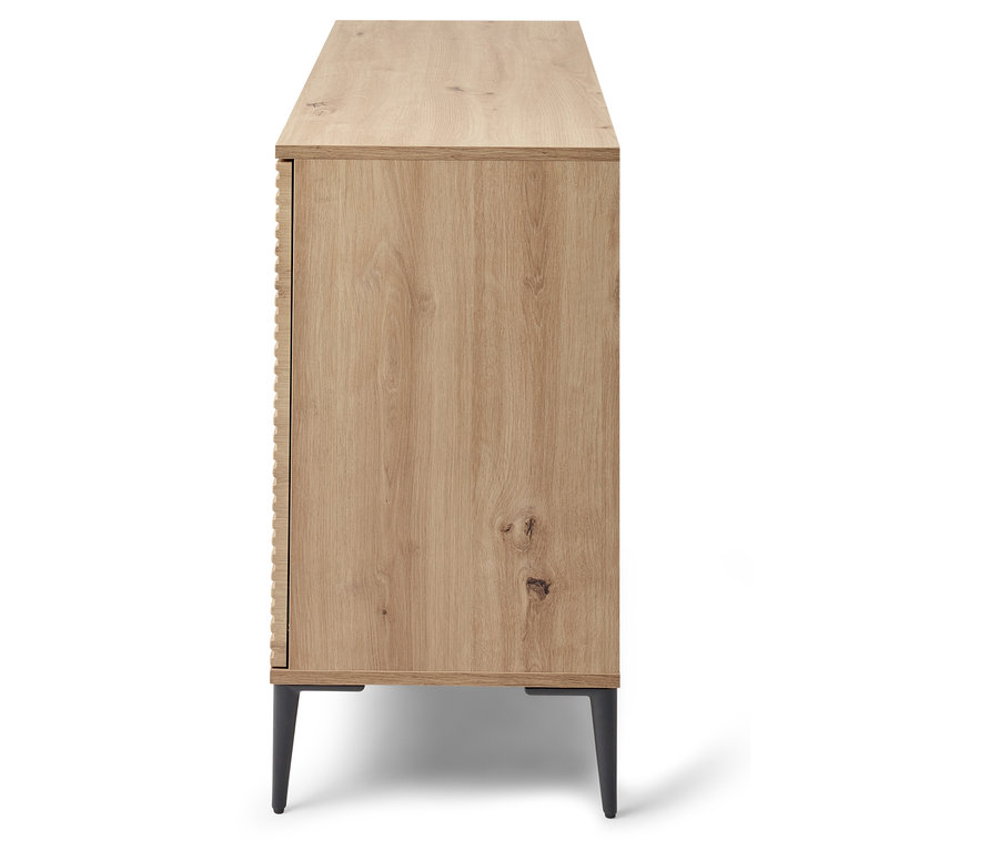 Seitenansicht eines Holzschranks mit Holzstruktur und schwarzen Beinen.