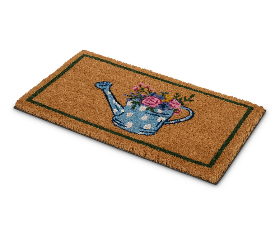 Fußmatte mit Gießkannen- und Blumenmuster.