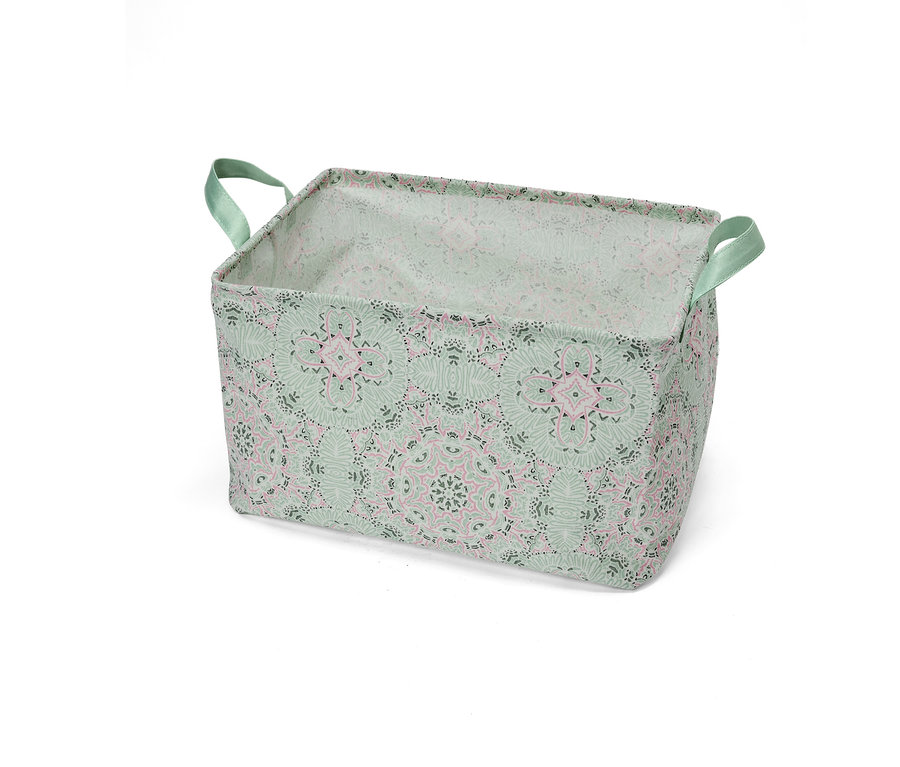 Eine faltbare Ordnungsbox mit Mandala-Muster und grünen Griffen.