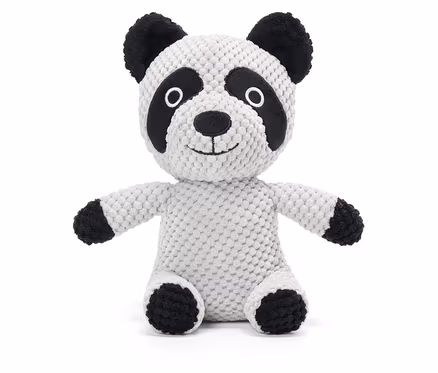 Sitzender Plüschpanda mit schwarzen Ohren, Füßen und Flecken um die Augen.