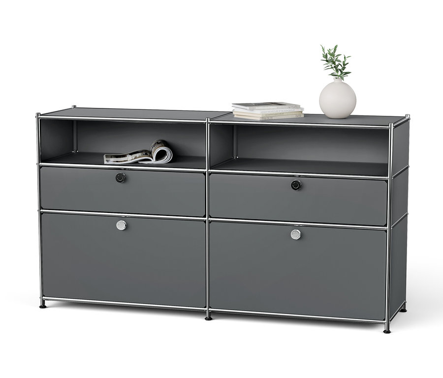 Graues modulares Sideboard mit vier Schubladen und offenen Regalen.
