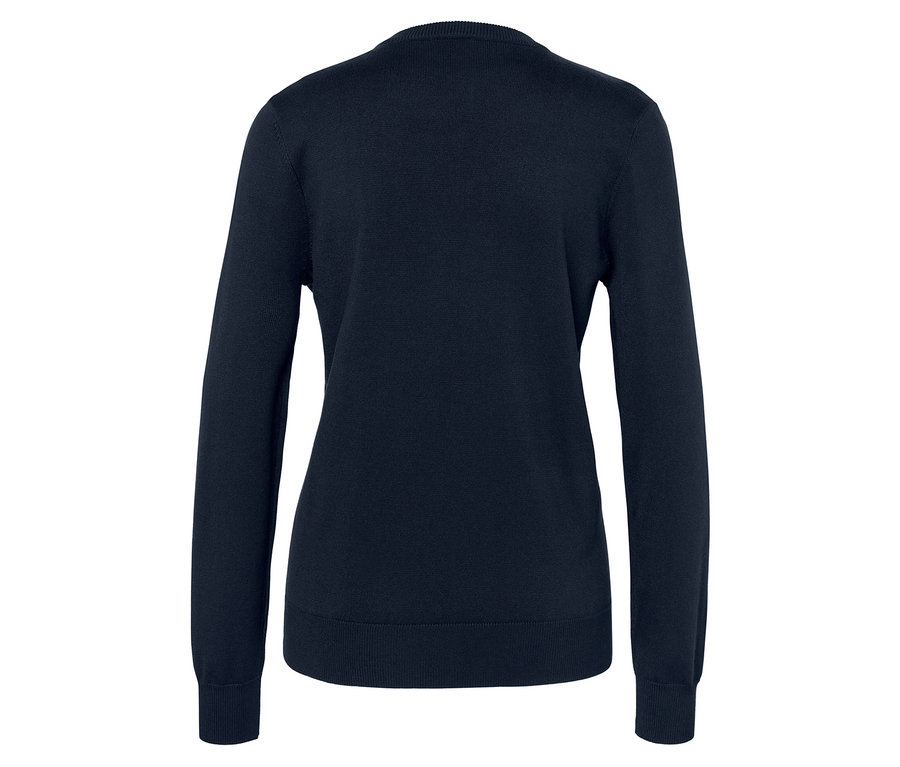 Marineblauer Strickpullover mit langen Ärmeln.