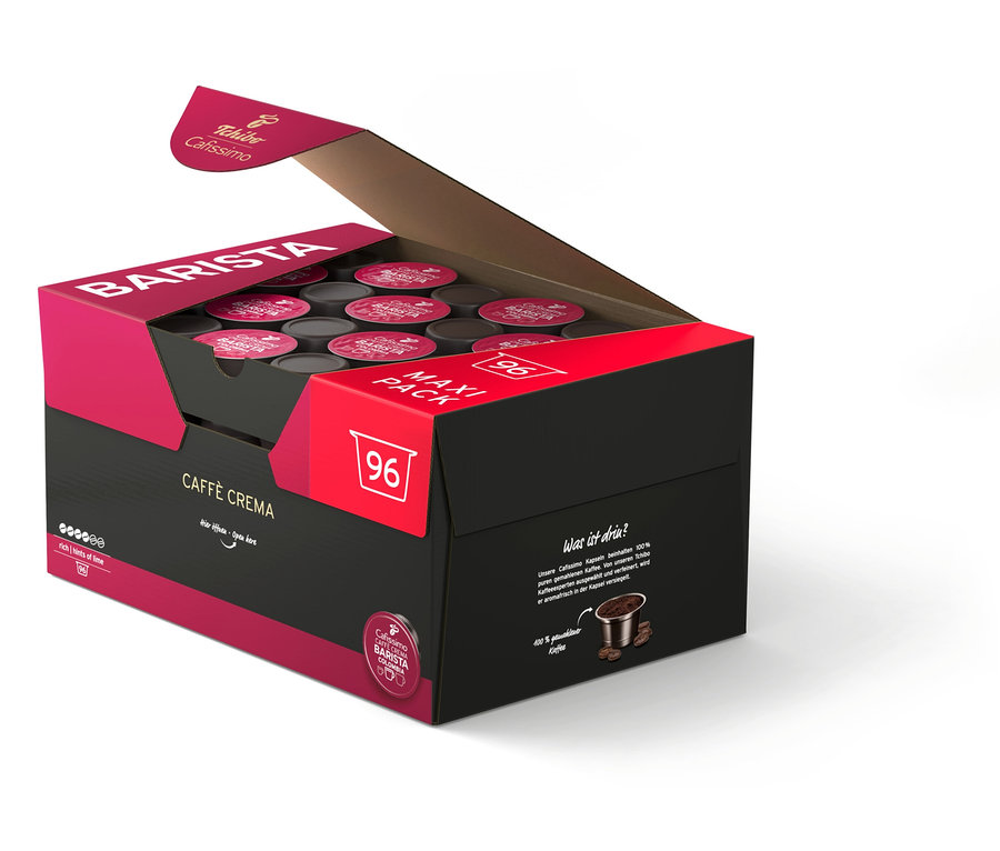 Geöffnete Packung Cafissimo BARISTA Caffè Crema Colombia - 96 Kapseln.