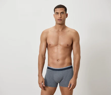 Mann mit freiem Oberkörper posiert in blau-weiß gestreiften Boxershorts.