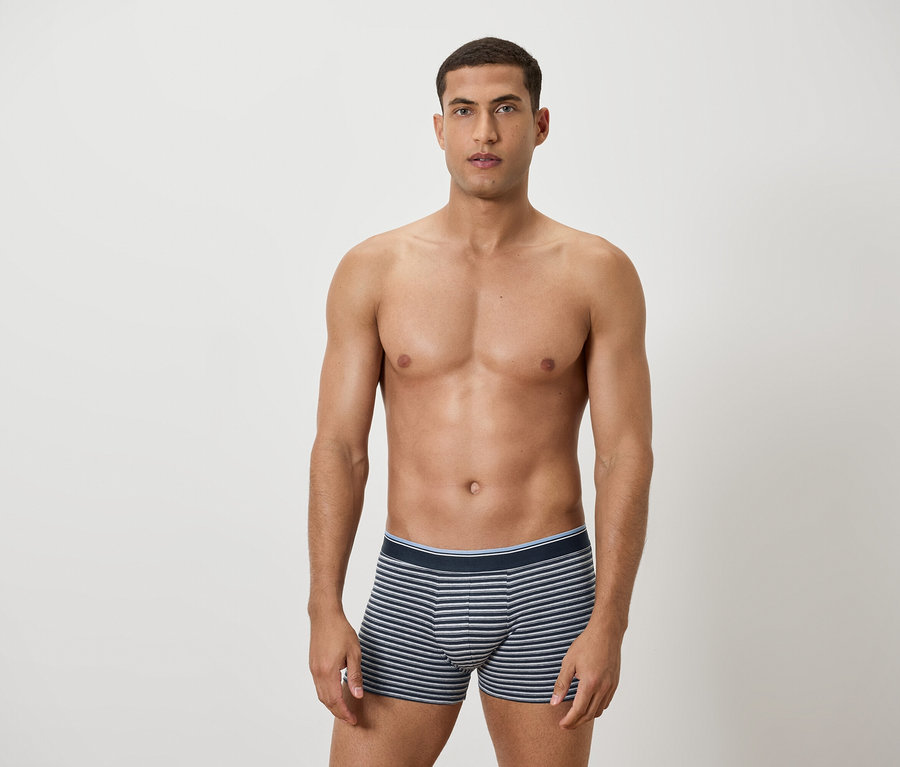 Mann mit freiem Oberkörper posiert in blau-weiß gestreiften Boxershorts.