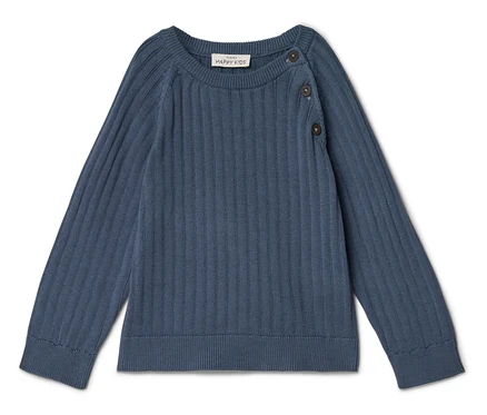 Blauer Rippstrickpullover mit Knöpfen am Kragen.