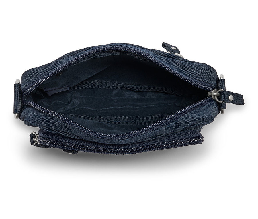 Draufsicht einer offenen, marineblauen Umhängetasche mit Reißverschluss.