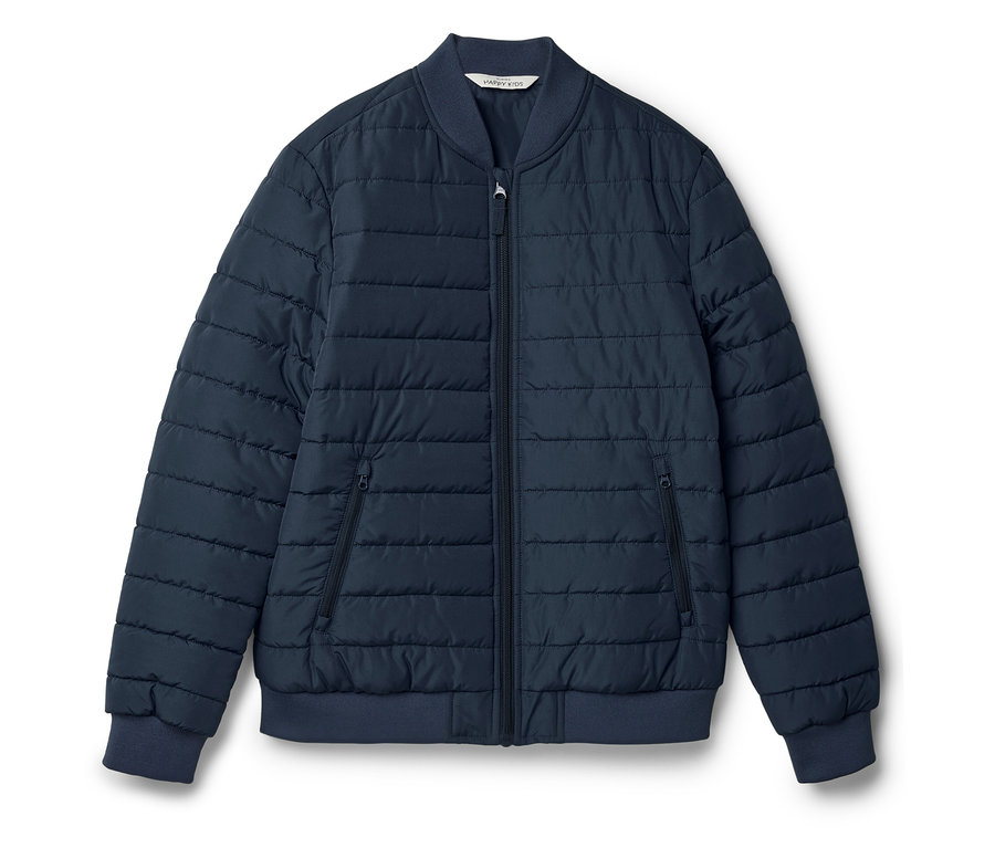 Marineblaue Steppjacke mit Reißverschluss und Taschen.