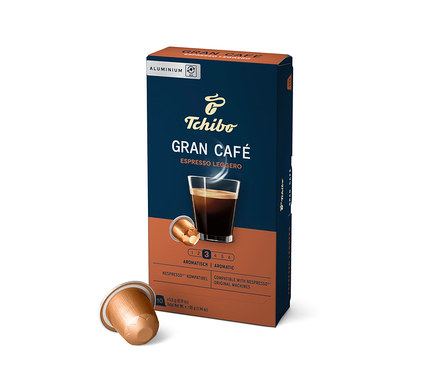 Eine Packung Gran Café Espresso Leggero - 10 Kapseln von Tchibo. Auf der Packung ist ein Bild einer Espressotasse und einer Kapsel.