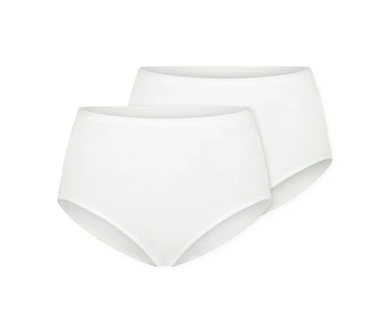 Zwei weiße High-Waist-Slips, einer leicht hinter dem anderen, auf weißem Hintergrund.