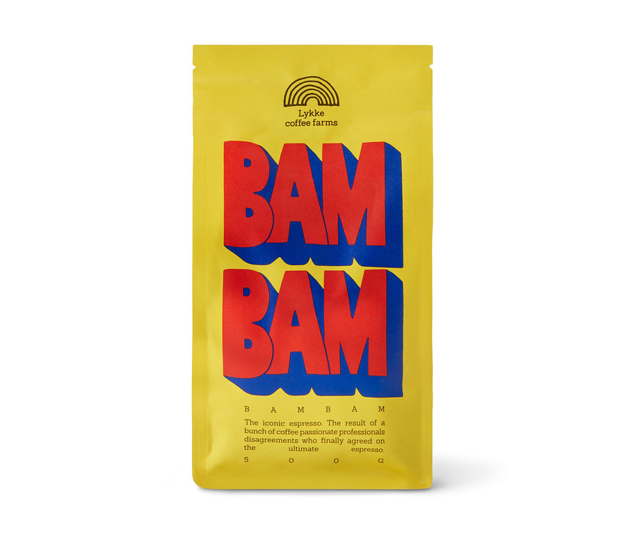 Gelbe Kaffeepackung Lykke BAM BAM Espresso, 500 g ganze Bohne, mit großem rotem „BAM BAM“-Schriftzug.