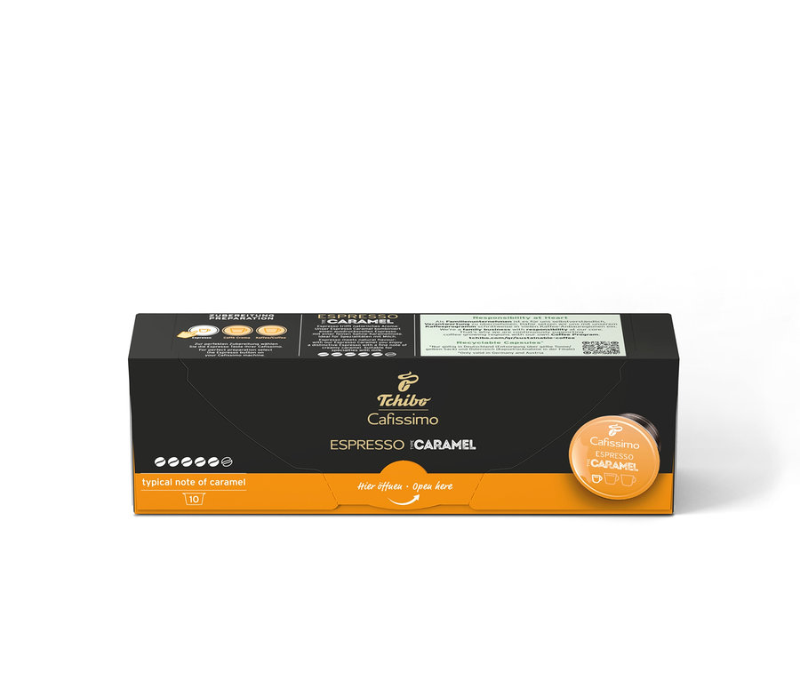 Eine Packung Cafissimo Flavoured Edition Espresso Caramel mit 10 Kapseln.