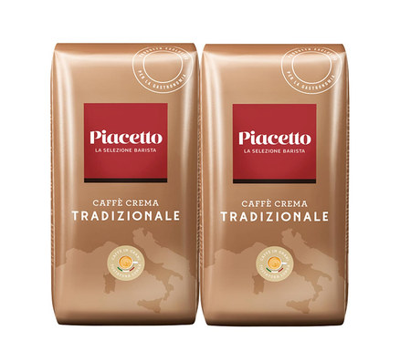 Zwei Packungen Tradizionale Caffè Crema. Die Packungen sind braun mit rotem Piacetto-Logo.
