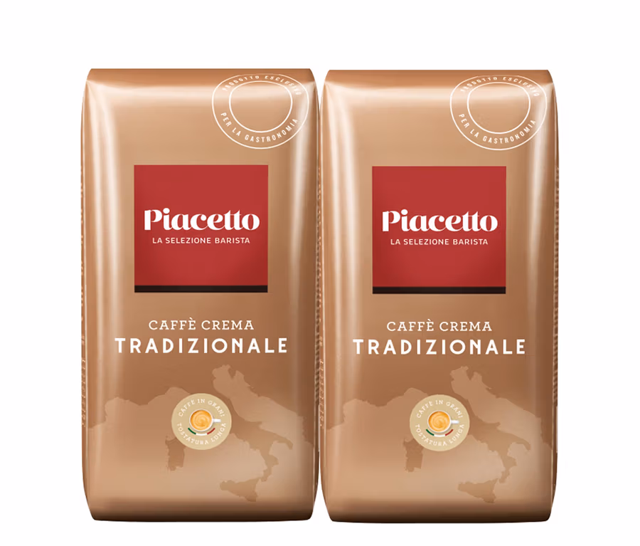 Zwei Packungen Tradizionale Caffè Crema. Die Packungen sind braun mit rotem Piacetto-Logo.