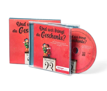 CD »Und wer bringt die Geschenke?« liegt vor einer roten CD-Hülle und einer CD.