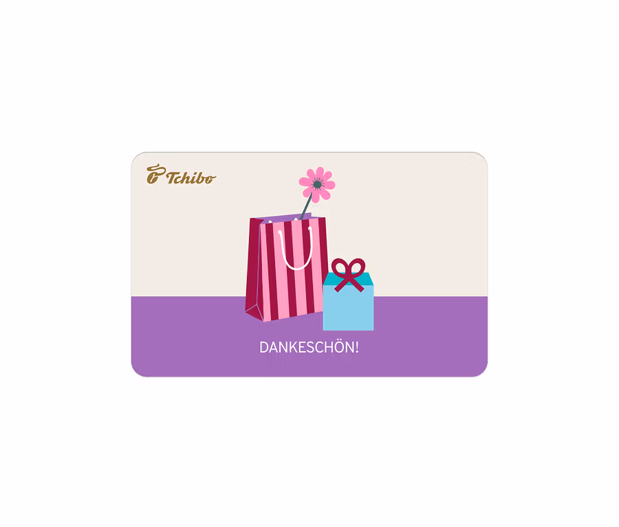 Digitale Geschenkkarte Dankeschön! mit pink gestreifter Einkaufstasche, pinker Blume und hellblauem Geschenkpaket.