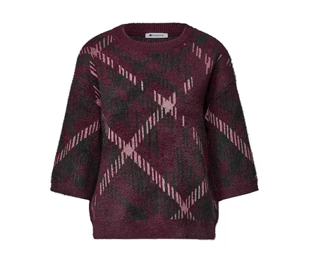 Street One Strickpullover in Burgunderrot mit schwarzem und pinkem Karomuster und Dreiviertelärmeln.